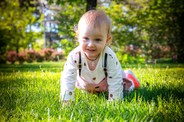 baby in the grass. little child playing in the park.  A girl child rejoices on the grass.  A little girl on the green grass. Cute toddler on green grass. 