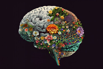 Fototapeta premium Human brain with spring flowers, symbolising mental health and self care concept, positive thinking, creative mind, positive ideas. Ai generated