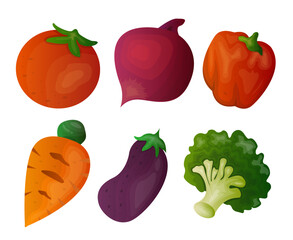 Vegetable Icons Set Tomato, Carrot, Broccoli, Eggplant, Pepper,
