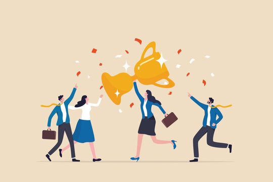 Success woman, female leadership or successful manager, woman lead team to achieve goal, award winner concept, businesswoman holding winning trophy with colleagues and employee celebrate success.