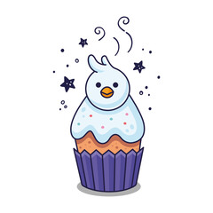 Easter cake with chick in cartoon style. Easter bakery with nestling. Hand drawn Easter chick cake.