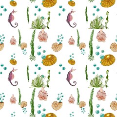 Sea horse shell beige seaweed watercolor pattern