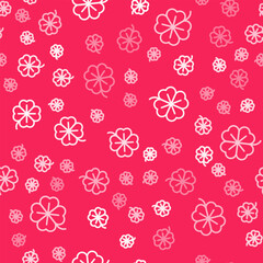 White line Four leaf clover icon isolated seamless pattern on red background. Happy Saint Patrick day. Vector