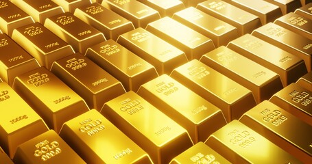 Row of gold bars with golden refraction.