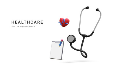3d realistic medical stethoscope with heart and document isolated on white background. Online doctor consultation and healthcare concept. Vector illustration