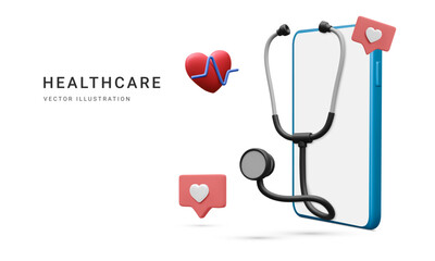 3d realistic medical stethoscope with heart and phone isolated on white background. Online doctor consultation and healthcare concept. Vector illustration