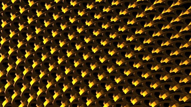 Abstract wavy moving metallic shapes animation. Gold metal elements forming interresting surface pattern. Seamless looping animation.