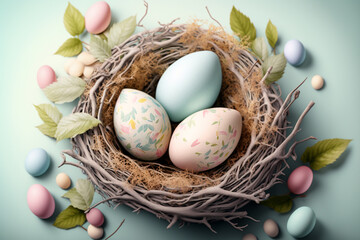 Fototapeta premium Beautiful Easter eggs in a nest amongst nature elements such as flowers and leafs in pastel colors creating a spring-like ambiance. Ai generated