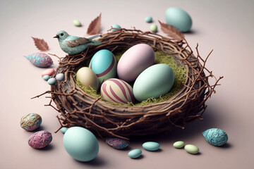 Beautiful Easter eggs in a nest amongst nature elements such as flowers and leafs in pastel colors creating a spring-like ambiance. Ai generated