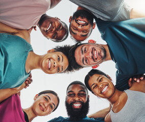 Low angle, portrait and friends with smile, exercise or training together, bonding or collaboration for motivation. Face, team or group with happiness, practice or inspiration for goal or achievement