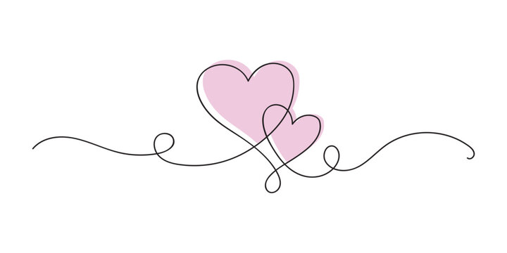 Naklejki Two hearts continuous one line art drawing, valentines day concept, heart love couple outline artistic isolated vector illustration.
