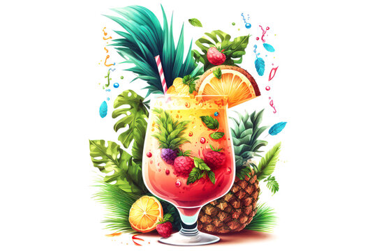 Tropical drink isolated on white background, cartoon style party exotic drink concept art, generative ai