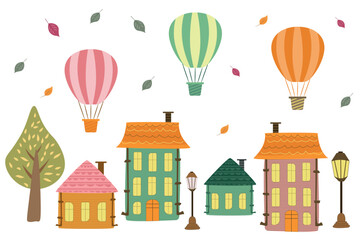 set of isolated autumn city with balloons