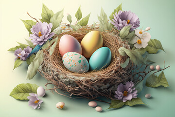 Obraz na płótnie Canvas Beautiful Easter eggs in a nest amongst nature elements such as flowers and leafs in pastel colors creating a spring-like ambiance. Ai generated