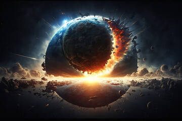 The Cosmic Cataclysm. Giant asteroid colliding with a planet or Earth, depicting a catastrophic event that has devastating consequences. Ai generated