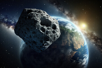 Giant Asteroid Danger Illustration. Asteroid in the space approaching Earth. Ai generated.