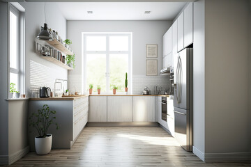 Kitchen Interior in white with wooden floor. Generative AI illustration.