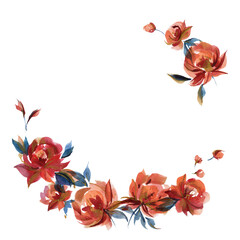 Blue and orange roses wreath in cottege folk trend