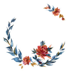 Blue and orange roses wreath in cottege folk trend