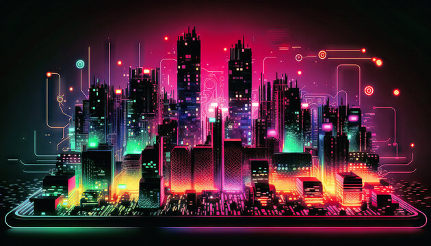Smart city on circuit board background. Futuristic cyberspace concept. Colorful, RGB. Neon city Wallpaper or background. Generative Ai