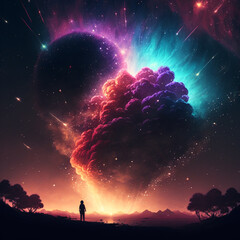 sunrise in the mountains, universe and firework background, night light in the sky, imagination will take you everywhere by Generative AI.
