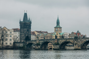 Fototapeta na wymiar View on Charles bridge in Prague in january, Czech Republic