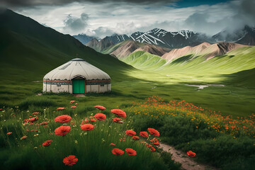 Yurt - national dwelling of nomads. AI generation