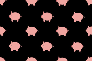 Seamless pattern with cute piggy. Wallpaper print with groovy piglet. Fabric and bed linen print with little pig. Endless background with farm animal on black backdrop.