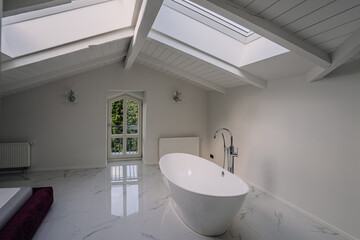 Corner of spacious attic bathroom with white panel walls, wooden floor, and bedroom 