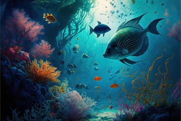 Fototapeta na wymiar Colorful Reef, Underwater Background, Fishes in the Sea, Concept Art, Digital Illustration, Generative AI