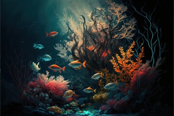 Naklejka na ściany i meble Colorful Reef, Underwater Background, Fishes in the Sea, Concept Art, Digital Illustration, Generative AI