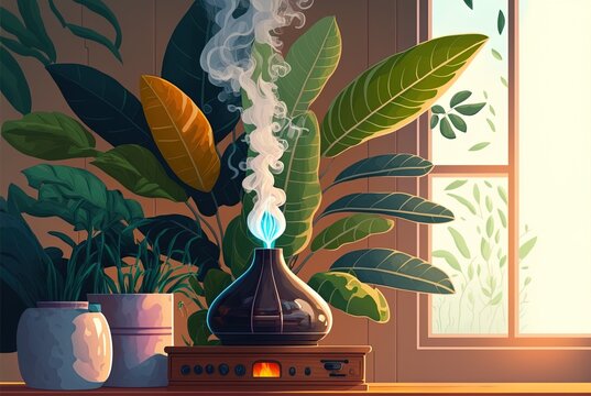 On a sunny shelf in the house is a humidifier with steam rising from it and a decorative zamioculca plant. Generative AI