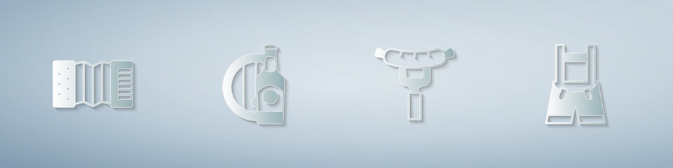 Set Accordion, Beer bottle and wooden barrel, Sausage the fork and Lederhosen. Paper art style. Vector