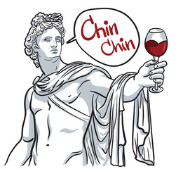 Vector illustration of antique bust of Apollo in hand drawn. Sketch style isolated on white. Print of man with glass of wine and text bubble. Apollon says "Chin-Chin"