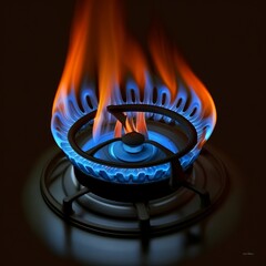 gas oven - orange tongues of blue flame of a gas burner with black background kitchen cooking fire burn hot Generative AI