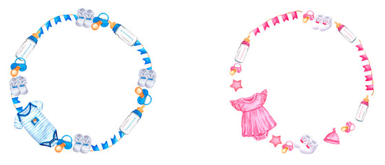 Gender reveal party. Boy or Girl. Blue or pink. He or she. Watercolor illustration for invitation, card, banner, newborn. Isolated on white background