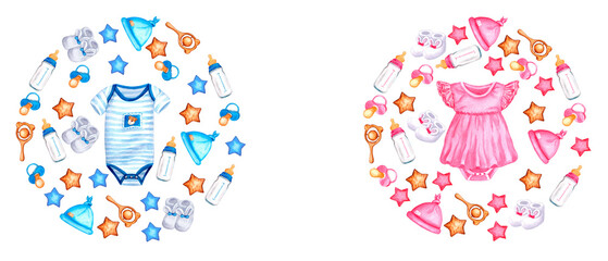 Gender reveal party. Boy or Girl. Blue or pink. He or she. Watercolor illustration for invitation, card, banner, newborn. Isolated on white background