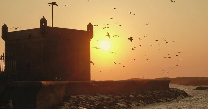 Essaouira fort silhouette with sunset sky