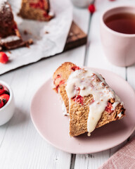 Piece of bundt cake with white chocolate icing