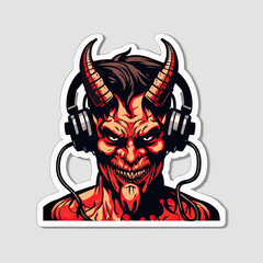 A Demon With Headphones. Editable Vector Illustration. Die Cut Sticker.