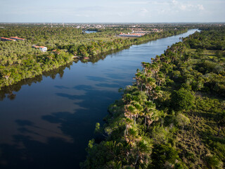 Naklejka premium Beautiful aerial view to large Preguiças River with green vegetation