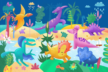 Naklejka na ściany i meble Dinosaurs in Jurassic Park. 3D colour illustration. Landscape for puzzles, posters, wallpaper, picture for children's educational games (e.g. count dinosaurs). Prehistoric forest. 