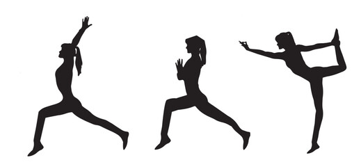Young slim sportive woman doing yoga and fitness exercises. Healthy lifestyle. Set of vector silhouette illustrations design isolated on white background for t-shirt graphic, icon, web, poster, print