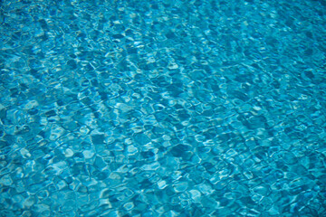 Water background, ripple waves. Blue swiming pool pattern. Sea surface. Water in swimming pool with sun reflection. Banner with copy space.