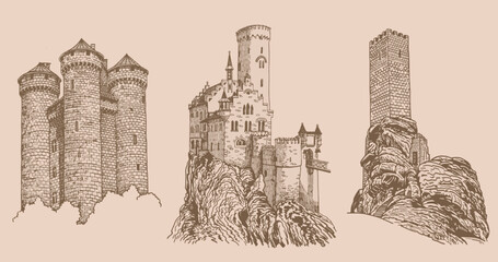 Graphical vintage set of medieval catles isolated , vector sepia illustration.Architecture - obrazy, fototapety, plakaty