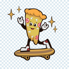 Delicious pizza slice skateboarding. Retro art design flat style.