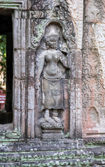 Fototapeta na wymiar The stone carvings at Ta Prohm Temple. Is an abandoned Buddhist temple in a jungle. Angkor Wat. Cambodia