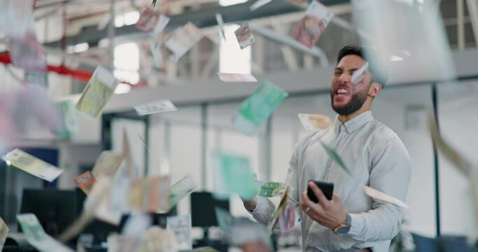 Money rain, winning and winner man on phone bonus, profit or online trading, success or finance sales. Competition, cash air and excited business person in lotto wealth, revenue or financial freedom