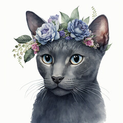cat with flowers wreath crown, watercolor illustration, isolated on white background  