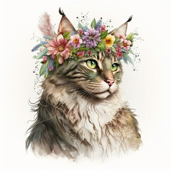 cat with flowers wreath crown, watercolor illustration, isolated on white background  